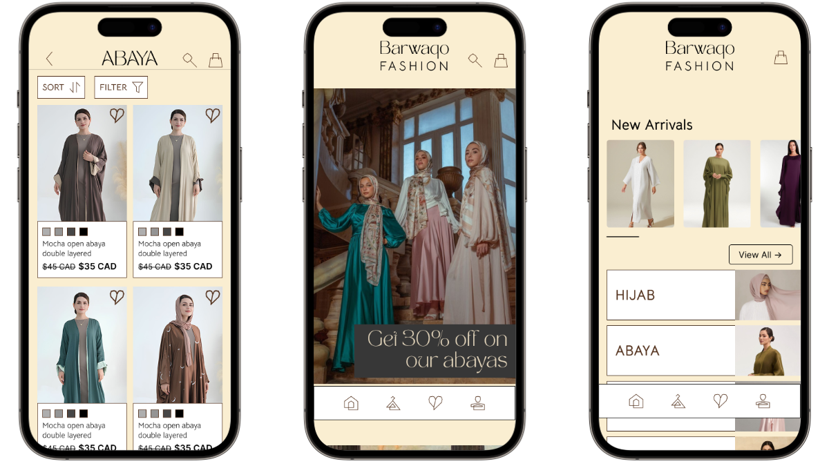 Mockup of Barwaqo Fashion native app displayed on 3 different smartphones