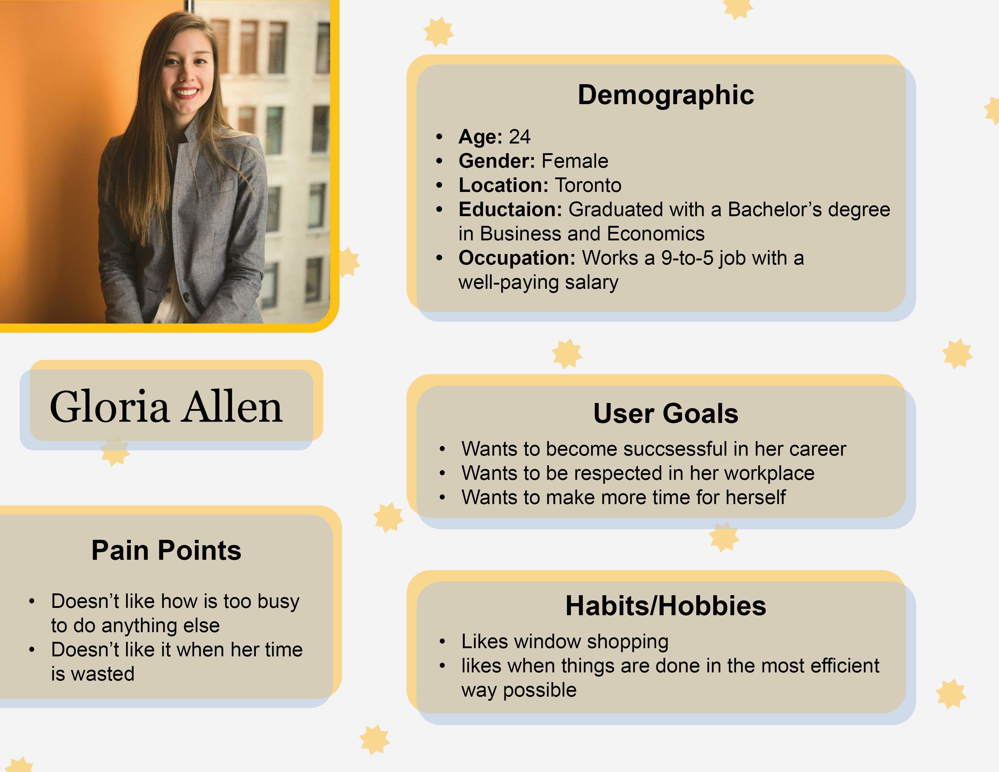 User persona for Gloria Allen, a career-driven individual shopping online efficiently