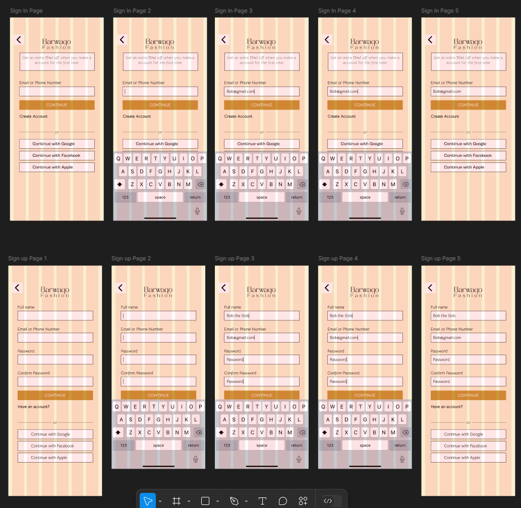 Barwaqo Fashion app login/sign up screens with animated keyboard inputs