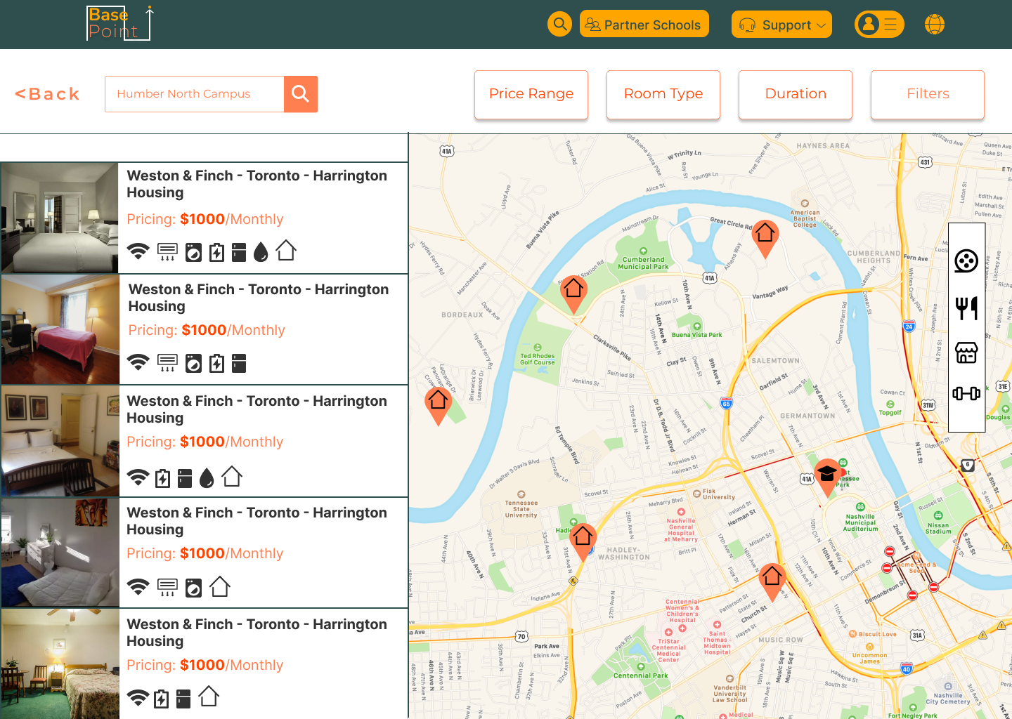 Prototype UI mainly displaying map with filter buttons on top and the house listings on the left