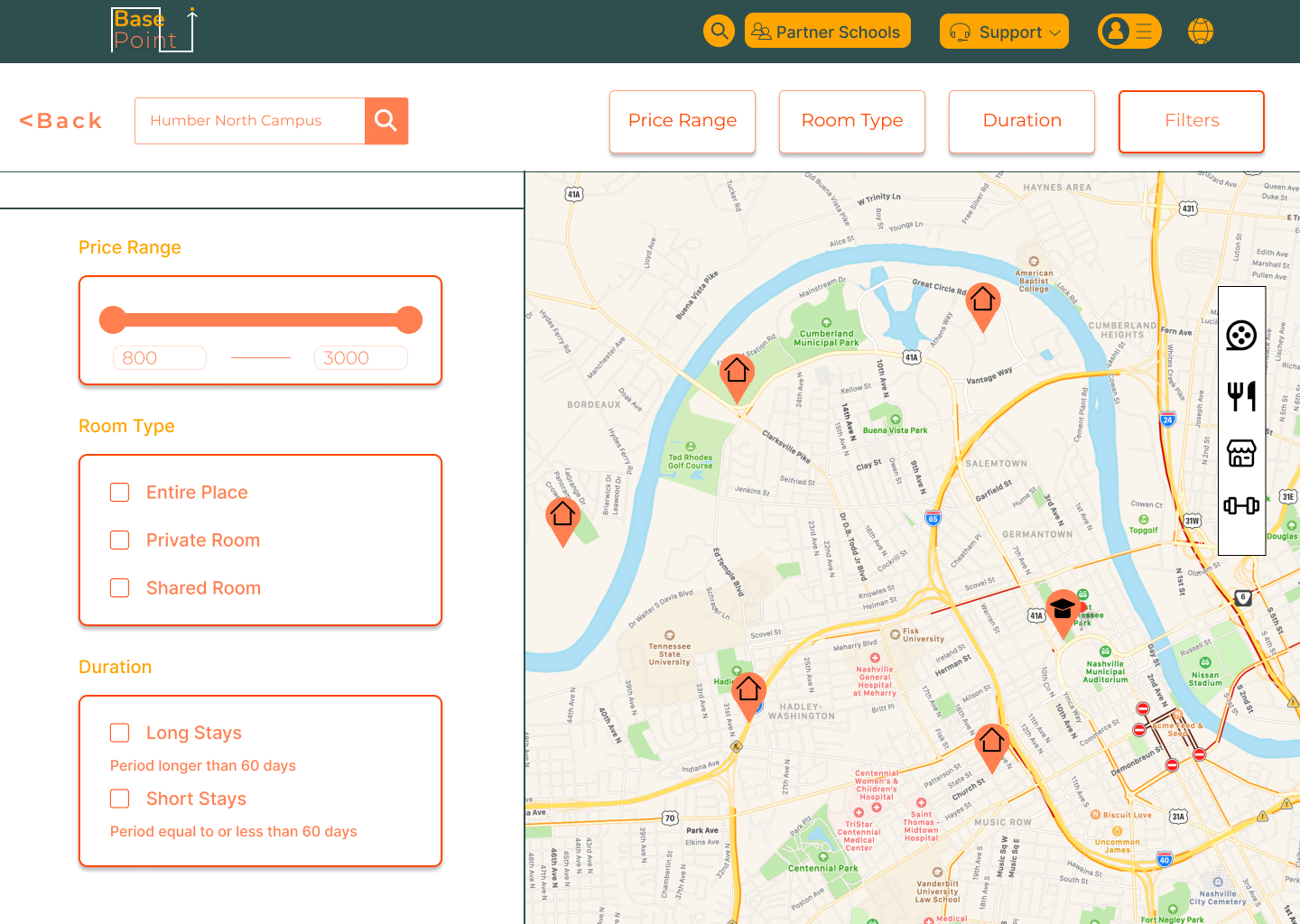 Prototype UI mainly displaying map with filter buttons on top and the all filter options on the left