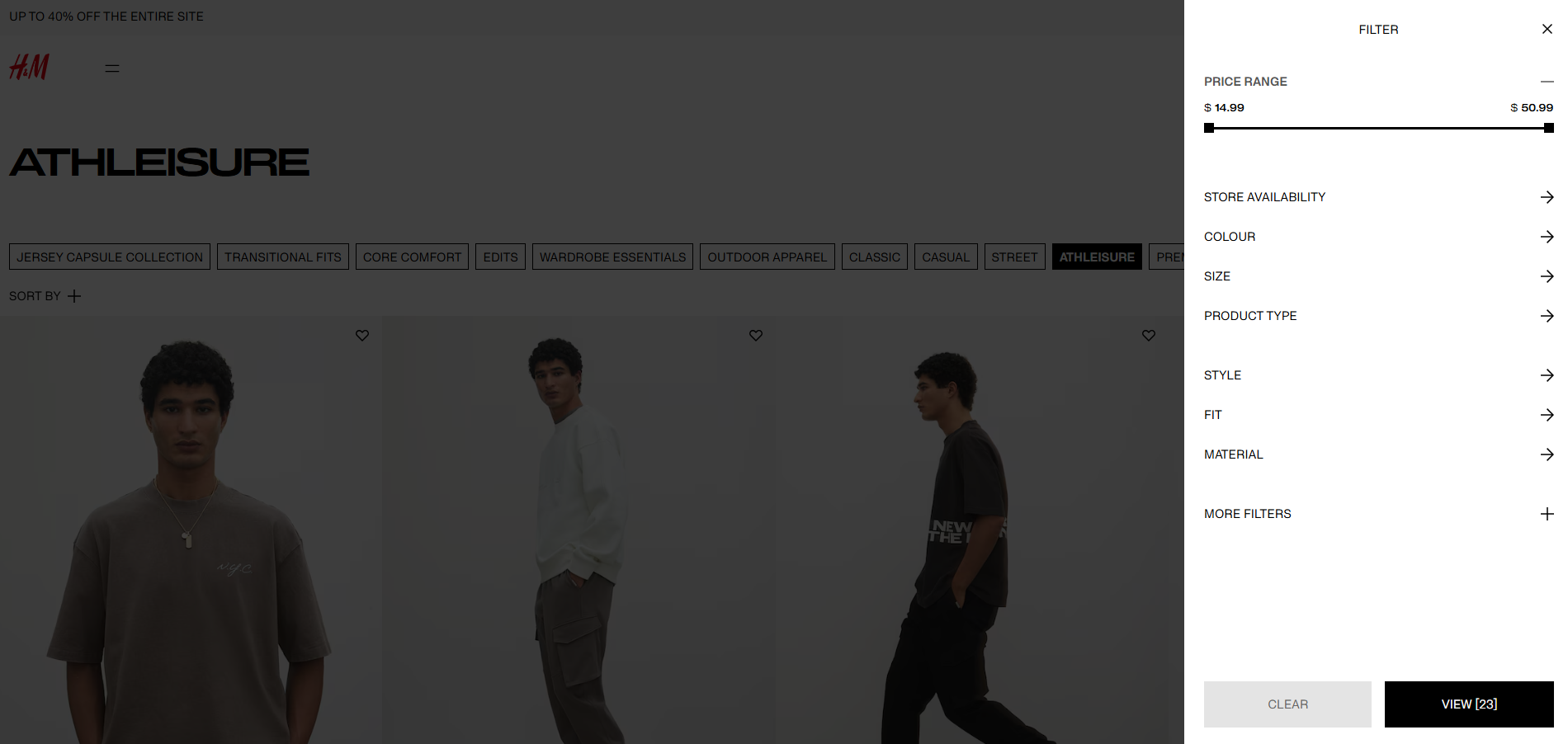Screenshot of H&M website filter options requiring a new page