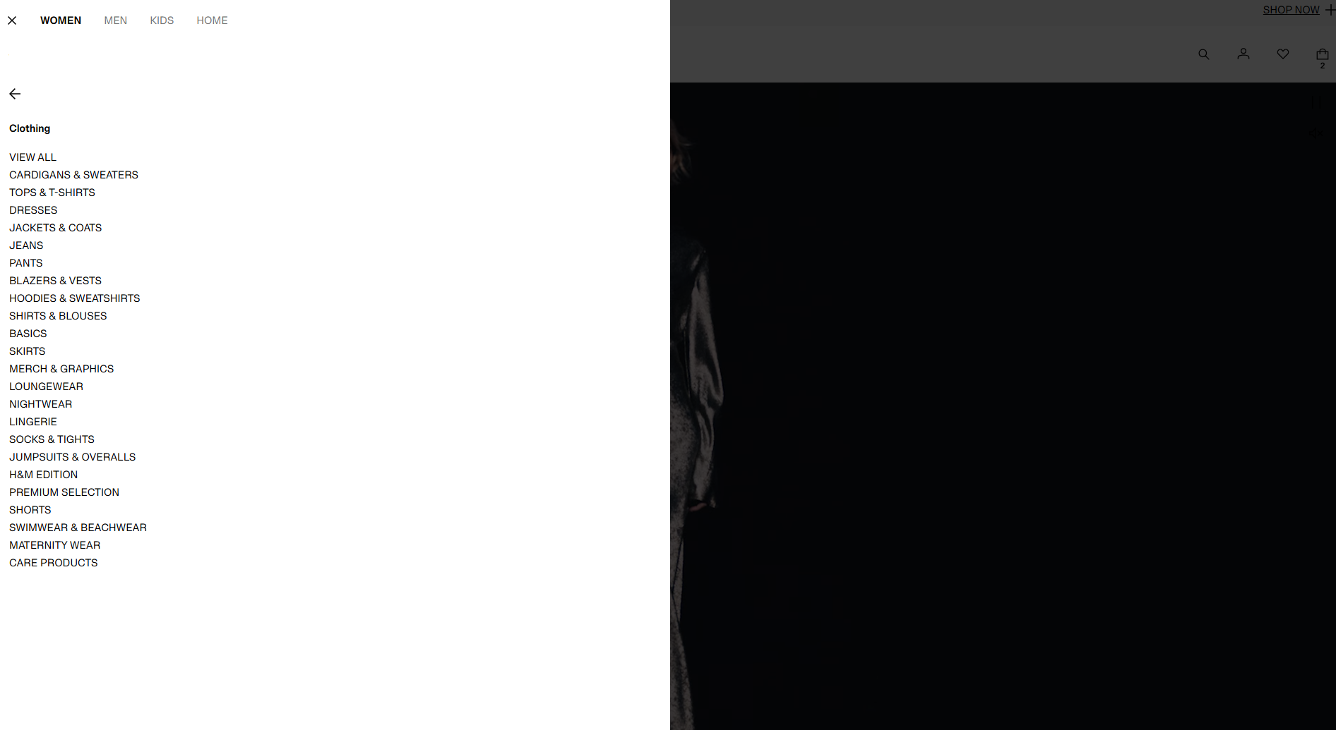 Screenshot of H&M website navigation section