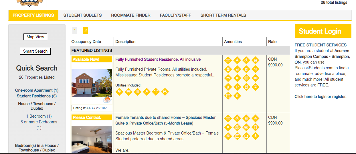 View of Places4Students app showcasing multiple residence options