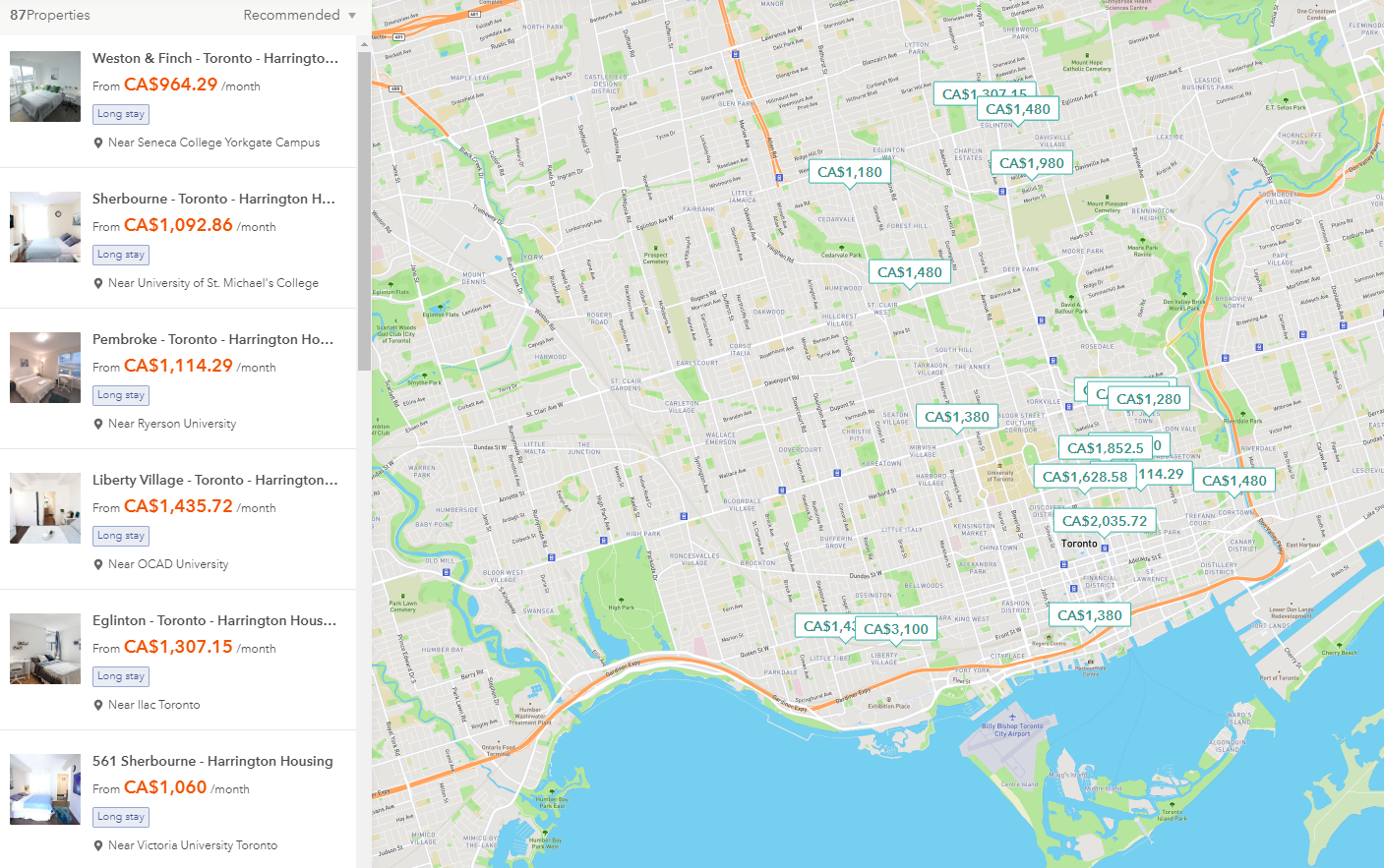 Example of a housing search website with a map covering most of the screen to help find your residence