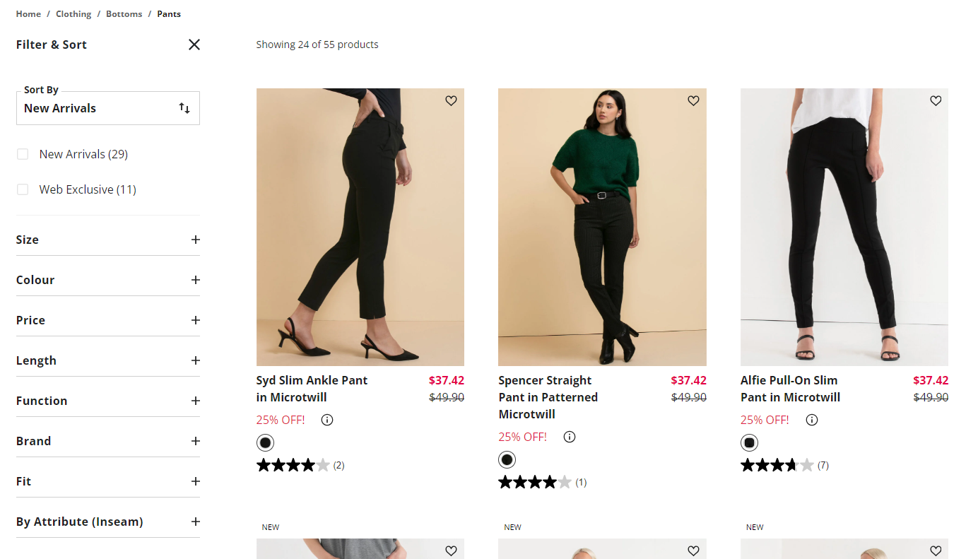 Screenshot of Ricki’s website filter options beside clothing items